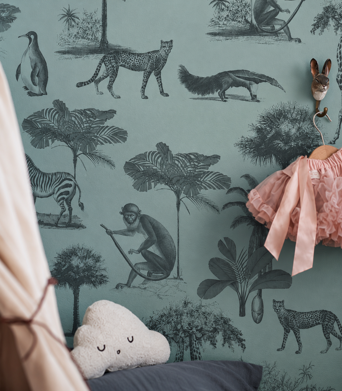 Papel pintado Vintage animals dark mint